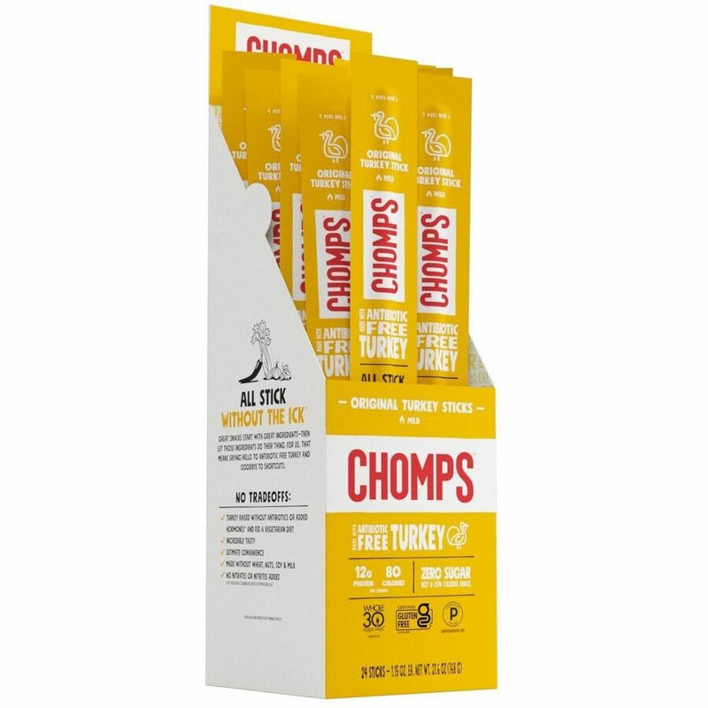 CHOMPS Chomplings Snack Sticks, Gluten-free, No MSG, Preservative-free, Dairy-free, Low Sodium, Low Fat, Original Turkey, 1.15 oz, 24/Pack (CHSCTOTJ24) Pack of 24