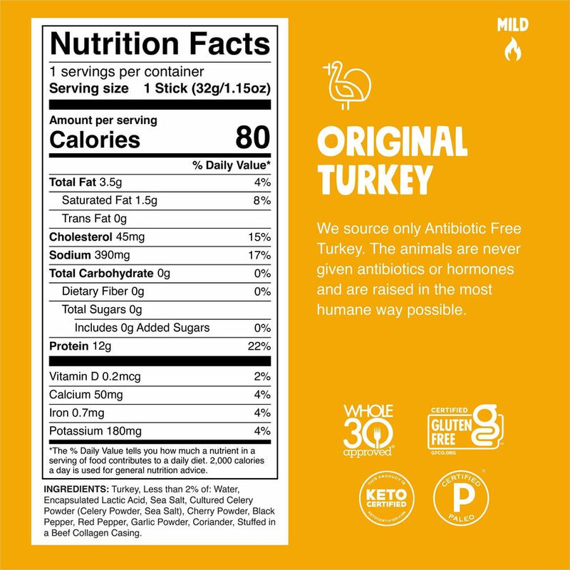 CHOMPS Chomplings Snack Sticks, Gluten-free, No MSG, Preservative-free, Dairy-free, Low Sodium, Low Fat, Original Turkey, 1.15 oz, 24/Pack (CHSCTOTJ24) Pack of 24