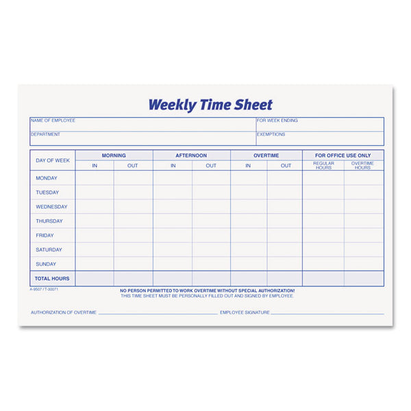 TOPS™ Weekly Time Sheets, One-Part (No Copies), 8.5 x 5.5, 50 Forms/Pad, 2 Pads/Pack (TOP30071) Pack of 2