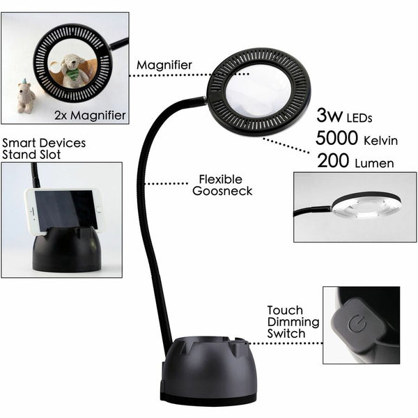 Victory Light 3-Diopter Magnifier Lamp, 15.8" Height, 3 W LED Bulb, USB Charging, Gooseneck, Adjustable Shade, Adjustable Brightness, Dimmable, Acrylic, Black (VLUVLH094UN) Each