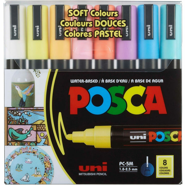 uniball™ POSCA Paint Marker, 1.8 mm Fine Bullet, 2.5 mm Marker Point, White, Yellow, Apricot, Pink, Lavender, Blue, Green Ink, Water Based, 8/Pack (UBCPC5M8CSOFT) Pack of 8