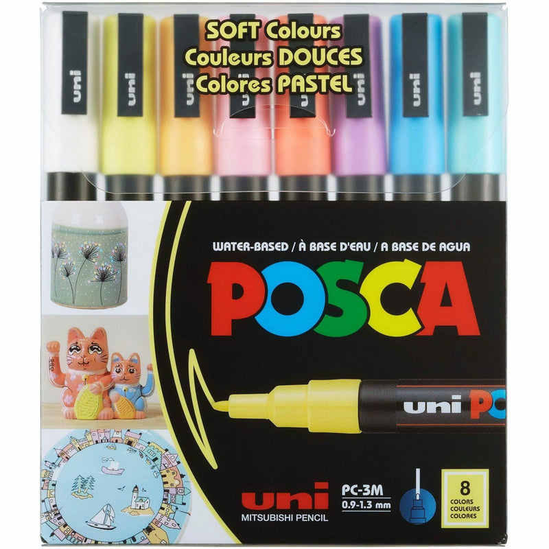 uniball™ POSCA Paint Marker, 0.9 mm Fine Bullet, 1.3 mm Marker Point, White, Yellow, Apricot, Pink, Lavender, Blue, Green Ink, Water Based, 8/Pack (UBCPC3M8CSOFT) Pack of 8