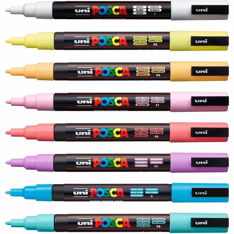 uniball™ POSCA Paint Marker, 0.9 mm Fine Bullet, 1.3 mm Marker Point, White, Yellow, Apricot, Pink, Lavender, Blue, Green Ink, Water Based, 8/Pack (UBCPC3M8CSOFT) Pack of 8