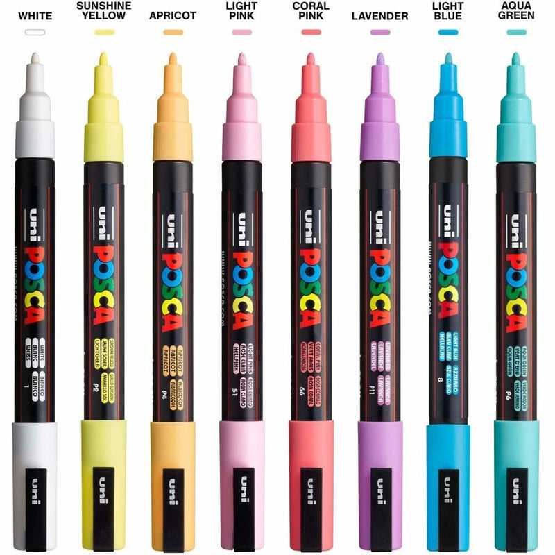 uniball™ POSCA Paint Marker, 0.9 mm Fine Bullet, 1.3 mm Marker Point, White, Yellow, Apricot, Pink, Lavender, Blue, Green Ink, Water Based, 8/Pack (UBCPC3M8CSOFT) Pack of 8