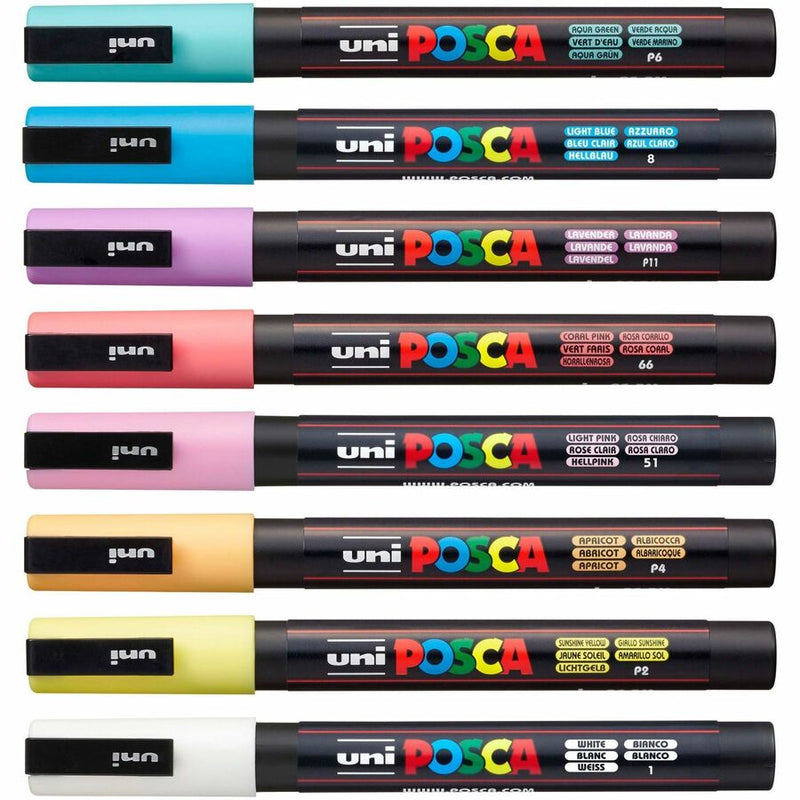 uniball™ POSCA Paint Marker, 0.9 mm Fine Bullet, 1.3 mm Marker Point, White, Yellow, Apricot, Pink, Lavender, Blue, Green Ink, Water Based, 8/Pack (UBCPC3M8CSOFT) Pack of 8