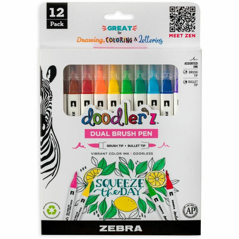 Zebra Pen Doodler'z Dual Brush Pen, Bullet, Brush Pen Point, Assorted Ink, Water Based, 12/Pack (ZEB61002) Pack of 12