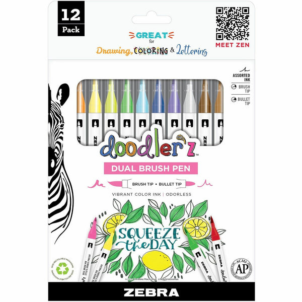 Zebra Pen Doodler'z Dual Brush Pen, Bullet, Brush Pen Point, Assorted Ink, Water Based, 12/Pack (ZEB61002) Pack of 12