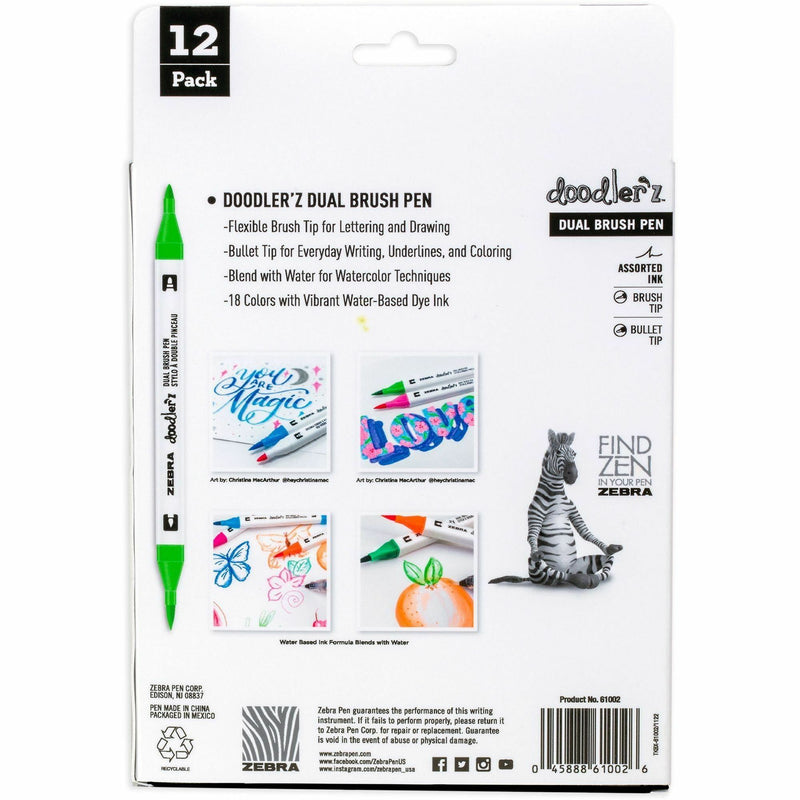 Zebra Pen Doodler'z Dual Brush Pen, Bullet, Brush Pen Point, Assorted Ink, Water Based, 12/Pack (ZEB61002) Pack of 12