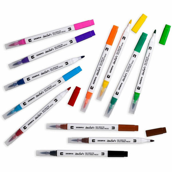 Zebra Pen Doodler'z Dual Brush Pen, Bullet, Brush Pen Point, Assorted Ink, Water Based, 12/Pack (ZEB61002) Pack of 12