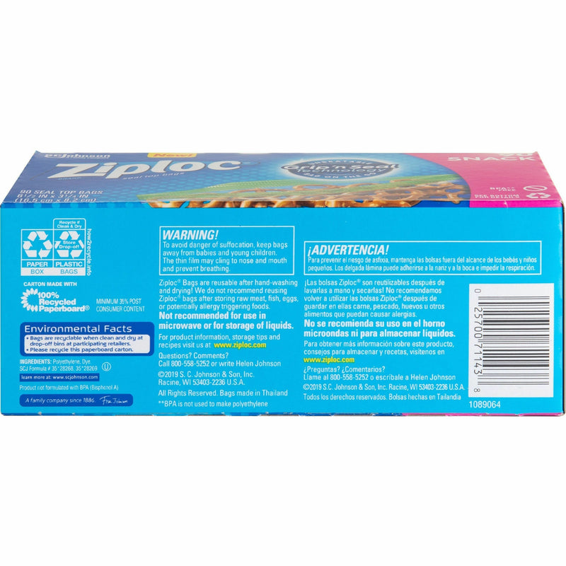 Ziploc® Snack Size Storage Bags, 3.75" Width x 6.50" Length, Clear, 90/Box, 12/Carton (SJN366131CT) Case of 12