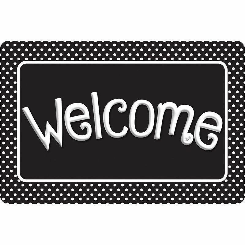 Ashley Smart Poly Original Fun Welcome Mat, Classroom, Student, Floor, 15.50" Length x 23.50" Width, Welcome, Black/White Polka Dots (ASH91517) Each