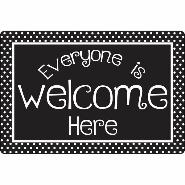 Ashley Smart Poly Original Fun Welcome Mat, Floor, Classroom, Student, 15.50" Length x 23.50" Width, Everyone is Welcome Here, Black/White Dots (ASH91509) Each