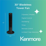 ESM Bladeless Tower Fan, 3 Speed, Oscillating, Bladeless, Compact, Timer, Energy Efficient, Black (ESMKM60014BK) Each
