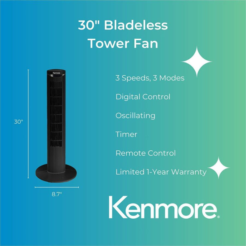 ESM Bladeless Tower Fan, 3 Speed, Oscillating, Bladeless, Compact, Timer, Energy Efficient, Black (ESMKM60014BK) Each