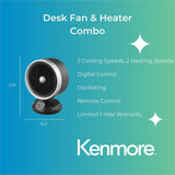ESM Desk Fan & Heater Combo, 2 x Heat Settings, Black (ESMKM60079BK) Each