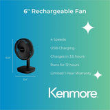 ESM 6" Rechargeable Fan, 4 Speed, Rechargeable, Lightweight, Quiet Operation, Black (ESMKM60002BK) Each