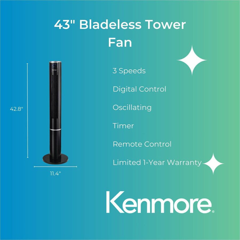ESM Bladeless Tower Fan, 3 Speed, Bladeless, Oscillating, Timer, Energy Efficient, Black (ESMKM60018BK) Each