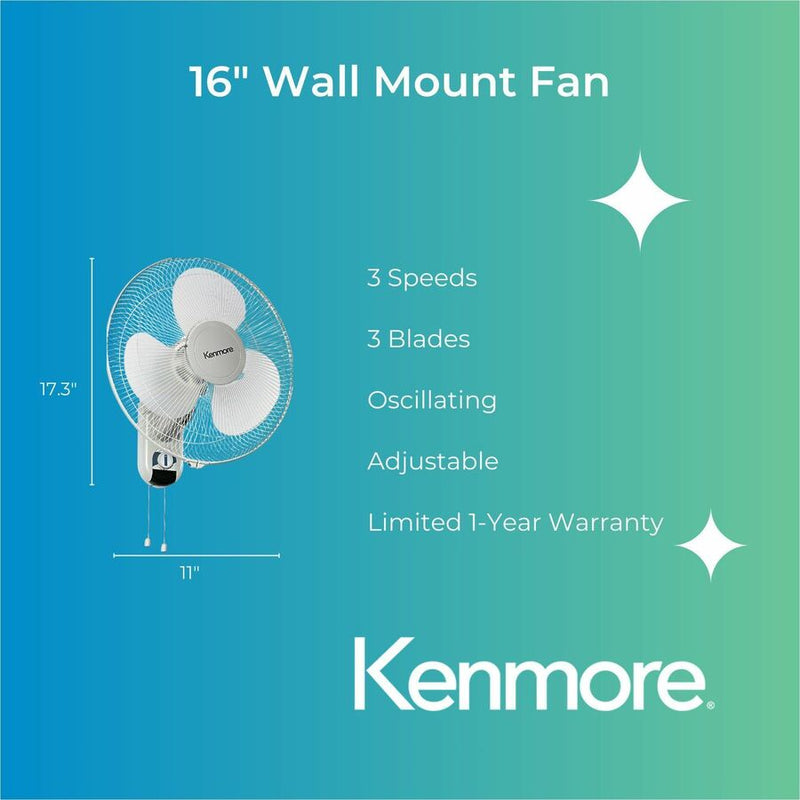 ESM 16" Wall Fan, 3 Speed, Oscillating, Adjustable, White (ESMKM60050WH) Each