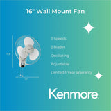 ESM 16" Wall Fan, 3 Speed, Oscillating, Adjustable, White (ESMKM60050WH) Each