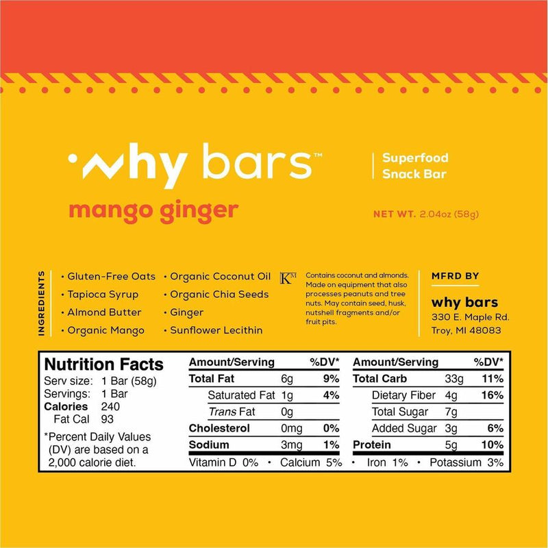 Why Bars Superfood Protein Snack Bars, Gluten-free, Dairy-free, Soy-free, Non-GMO, Individually Wrapped, Mango Ginger, 2.04 oz, 12/Pack (WHYWB5) Pack of 12