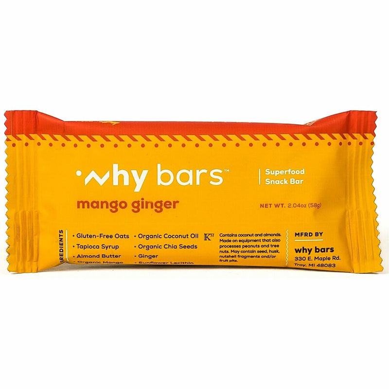 Why Bars Superfood Protein Snack Bars, Gluten-free, Dairy-free, Soy-free, Non-GMO, Individually Wrapped, Mango Ginger, 2.04 oz, 12/Pack (WHYWB5) Pack of 12