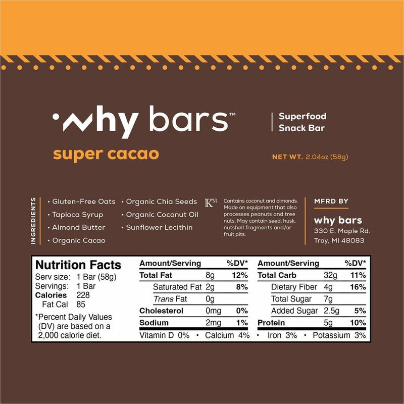 Why Bars Superfood Protein Snack Bars, Gluten-free, Dairy-free, Soy-free, Non-GMO, Individually Wrapped, Super Cacao, 2.04 oz, 12/Pack (WHYWB1) Pack of 12