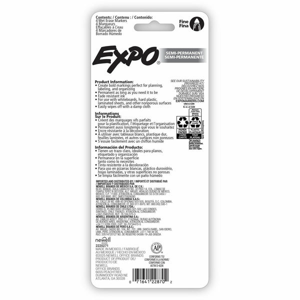 Sanford Expo Wet-Erase Markers, Fine Marker Point, Assorted Ink, 4/Pack (SAN2211318) Pack of 4