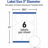 Avery Avery Multipurpose Label, 3" Diameter, Matte White, Round, 6/Sheet, 150 Total Label(s), 150/Pack (AVE05655) Pack of 150