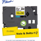 Brother P-touch Genuine TZe651 BK on YL Label Tape, Laminated, 24mmX8m, 15/16", Black On Yellow, Water Resistant (BRTTZE651G) Each