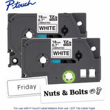 Brother P-touch Genuine TZe2412PK BK on WHT Label Tapes, Laminated, 18mmX8m each, x 45/64" x 26 1/5 ft Length, White, 2/Pack (BRTTZE2412PKG) Pack of 2
