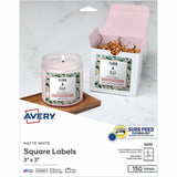 Avery Matte White 3"x3" Square Labels, 3" x 3", Permanent Adhesive, Laser, Inkjet, Paper, 6/Sheet, 150/Pack (AVE05659) Pack of 150