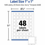Avery Matte White Square Labels, x 1" x 1", 1200 Total Label(s), Inkjet, Laser, 48/Sheet, 1200/Pack (AVE05658) Pack of 1200