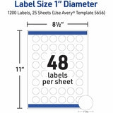 Avery Matte White 1" Round Labels, 1" Diameter, Laser, Inkjet, 48/Sheet, 1200/Pack (AVE05656) Pack of 1200