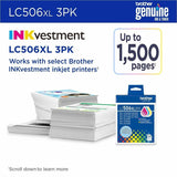 Brother LC506XL3PK Original High Yield Inkjet Ink Cartridge, 1500 Pages Magenta, 1500 Pages Yellow, 1500 Pages Cyan, 3/Pack (BRTLC506XL3PKS) Pack of 3