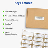 Avery Matte White Labels With Gold Borders, x 1" x 2 5/8", Metallic Gold Border, Permanent Adhesive, 300/Pack (AVE06507) Pack of 300