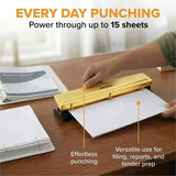 Bostitch 3-hole Punch, 9/32" Punch Size, Gold, 3 Punch Head(s), 15 Sheet, Metal, Rubber, Steel (BOSHP15GOLD) Each