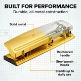 Bostitch 3-hole Punch, 9/32" Punch Size, Gold, 3 Punch Head(s), 15 Sheet, Metal, Rubber, Steel (BOSHP15GOLD) Each