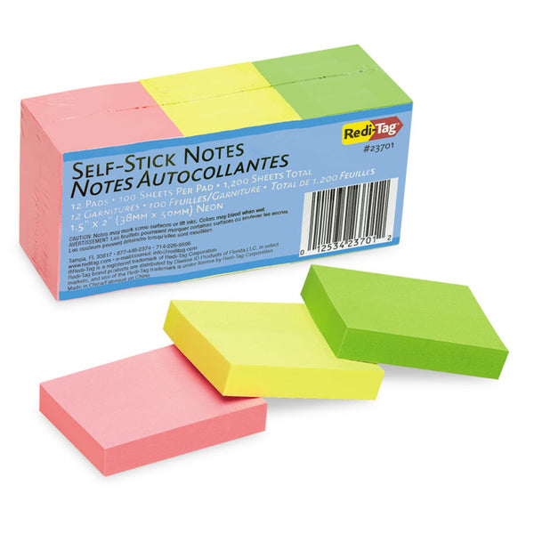 Redi-Tag® Self-Stick Notes, 1.5" x 2", Assorted Neon Colors, 100 Sheets/Pad, 12 Pads/Pack (RTG23701)