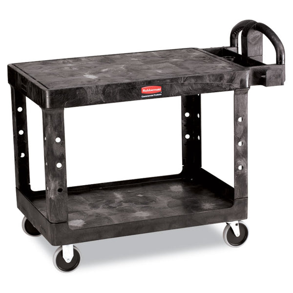 Rubbermaid® Commercial Flat Shelf Utility Cart, Plastic, 2 Shelves, 500 lb Capacity, 25.25" x 44" x 38.13", Black (RCP452500BK)