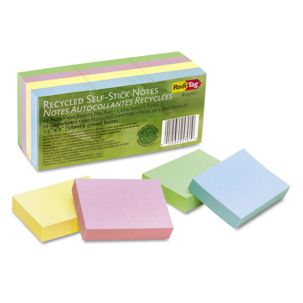 Redi-Tag® 100% Recycled Self-Stick Notes, 1.5" x 2", Assorted Pastel Colors, 100 Sheets/Pad, 12 Pads/Pack (RTG25701)