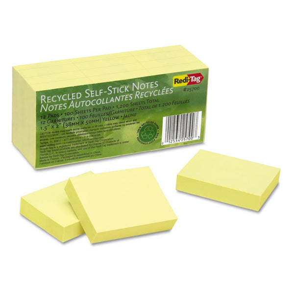 Redi-Tag® 100% Recycled Self-Stick Notes, 1.5" x 2", Yellow, 100 Sheets/Pad, 12 Pads/Pack (RTG25700)