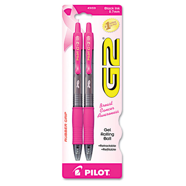 Pilot® G2 Premium Breast Cancer Awareness Gel Pen, Retractable, Fine 0.7 mm, Black Ink, Smoke/Pink Barrel, 2/Pack (PIL31331)