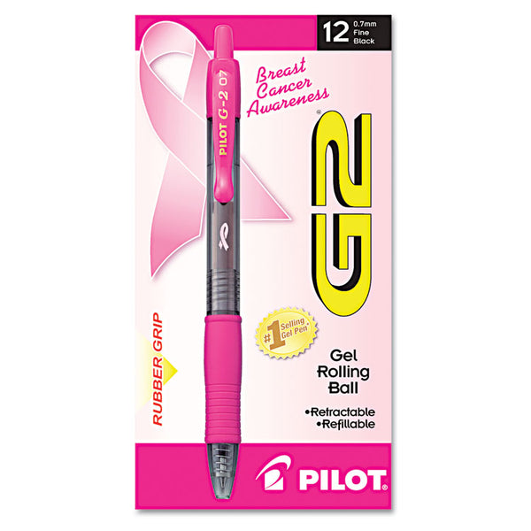 Pilot® G2 Premium Breast Cancer Awareness Gel Pen, Retractable, Fine 0.7 mm, Black Ink, Smoke/Pink Barrel, Dozen (PIL31332)