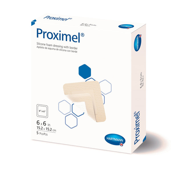 Proximel® Foam Dressing 6 X 6 Inch With Border Waterproof Film Backing Silicone Adhesive Square Sterile (1242034_BX) 5/BX