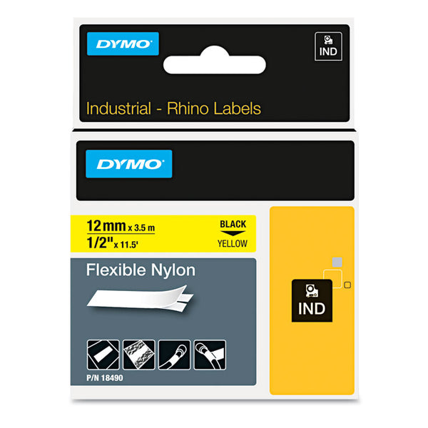 DYMO® Rhino Flexible Nylon Industrial Label Tape, 0.5" x 11.5 ft, Yellow/Black Print (DYM18490)