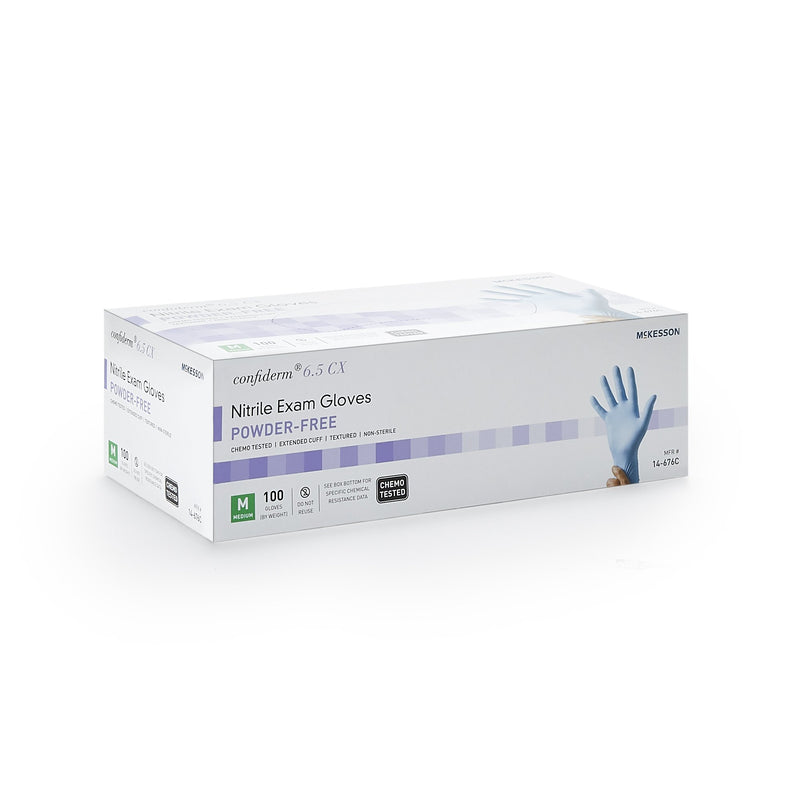 McKesson Confiderm® 6.5CX Exam Glove Medium NonSterile Nitrile Extended Cuff Length Textured Fingertips Blue Chemo Tested (921607_BX) 100/BX