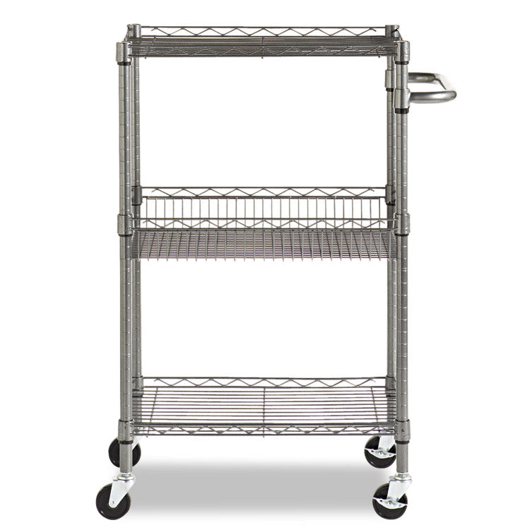 Alera® Three-Tier Wire Cart with Basket, Metal, 2 Shelves, 1 Bin, 500 lb Capacity, 28" x 16" x 39", Black Anthracite (ALESW342416BA)