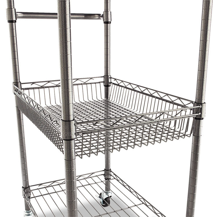 Alera® Three-Tier Wire Cart with Basket, Metal, 2 Shelves, 1 Bin, 500 lb Capacity, 28" x 16" x 39", Black Anthracite (ALESW342416BA)