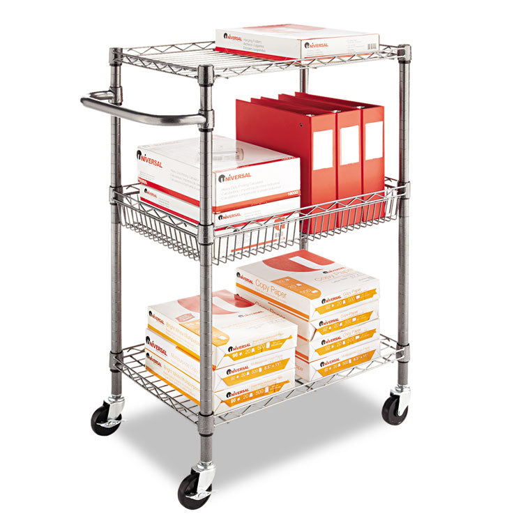 Alera® Three-Tier Wire Cart with Basket, Metal, 2 Shelves, 1 Bin, 500 lb Capacity, 28" x 16" x 39", Black Anthracite (ALESW342416BA)