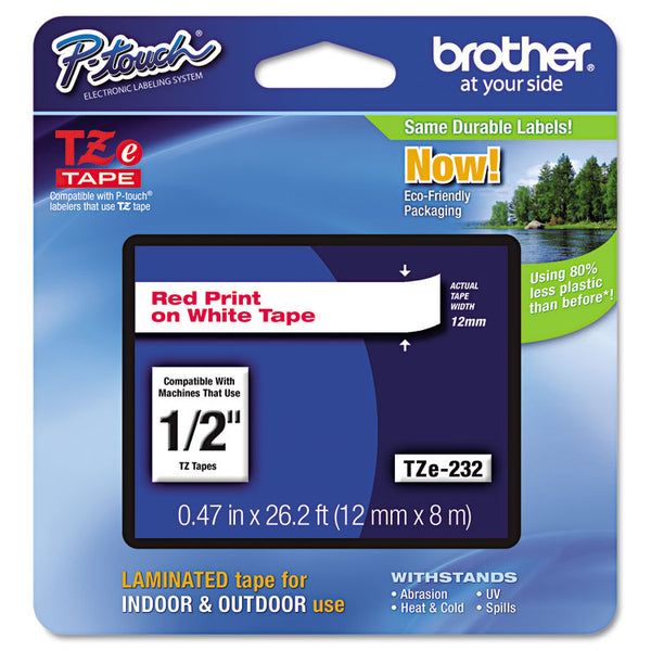 Brother P-Touch® TZe Standard Adhesive Laminated Labeling Tape, 0.47" x 26.2 ft, Red on White (BRTTZE232)